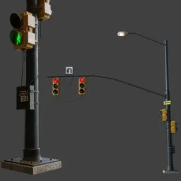 Detailed 3D model of a traffic light with green signal, for Blender rendering, showing textures and lighting.