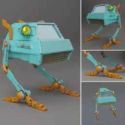 Detailed 3D model of a stylized robotic pet with articulated limbs and a single eye, crafted for Blender 3D software.