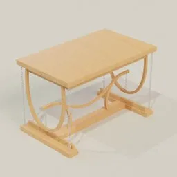 3D model of a wooden floating table with intricate base design, rendered in Blender.
