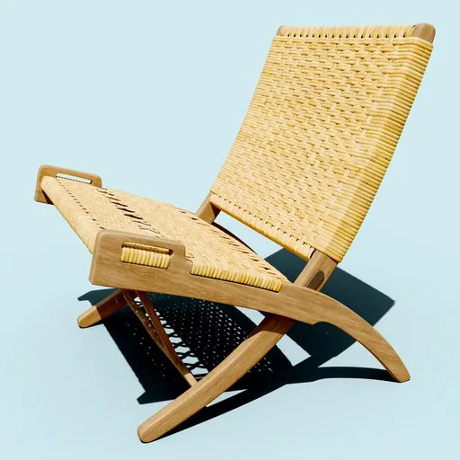 Highly detailed 3D model of a wooden folding chair with woven seat in Blender format, ideal for interior design visualizations.