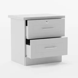 Modern 3D model of a white bedside table with chrome accents and two drawers, compatible with Blender.