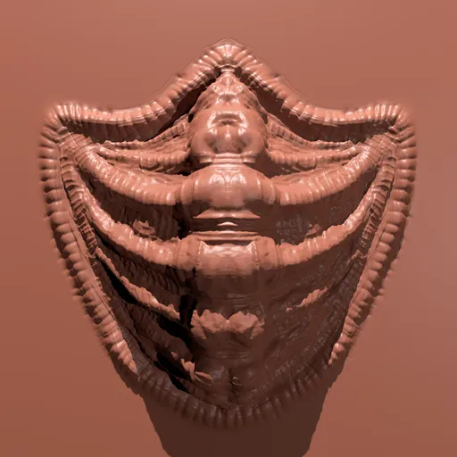 Blender 3D sculpting brush imprint with a detailed shield-like dragon scale pattern for 3D model enhancement.