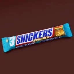 "High-quality Snickers 3D model for Blender 3D. Realistic peanut butter texture and 2K resolution textures. Perfect for sweet/dessert category in gaming or advertising projects."