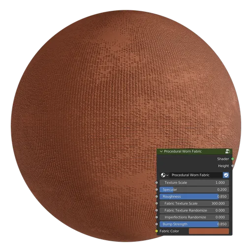 High-quality PBR procedural worn fabric texture for 3D rendering with customizable shader node settings in Blender.