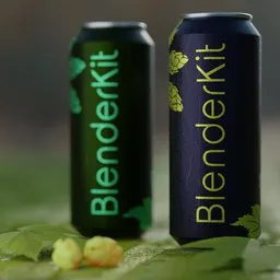 Detailed 3D render of two beverage cans with Blenderkit branding, ideal for Blender 3D modeling and texturing portfolio.