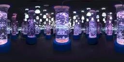 Illuminated cylindrical aquarium with fish surrounded by spherical ceiling lights for HDR lighting reference