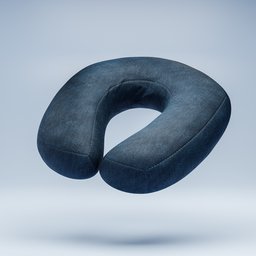 "Realistic Travel Neck Pillow 3D model with modeled stitches for Blender 3D. Featuring a close-up of a blue neck pillow floating in the air, centered and in soft style. Perfect for 3D renders of travel accessories and products."