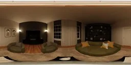 360-degree HDR panorama of a cozy, green-themed living room with soft lighting, couches, rug, bookshelf, and decorative wall art.