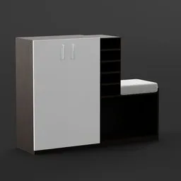 "Explore the modern design of this white shoe rack with seating and drawer, perfect for any wardrobe. 3D ultra-detailed model created using Blender 3D software. The unique and award-winning design features a black door and a white stool, delivering a stylish addition to any lounge or classroom."