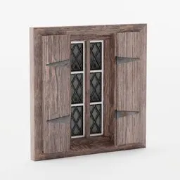 3D medieval window model for Blender, optimized for game design, featuring low-poly structure and realistic wood textures.