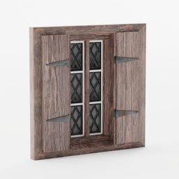 "Medieval style low-poly window 3D model for Blender 3D with wooden frame, glass pane, and metal handle. Inspired by Romanian heritage and Rezső Bálint, featuring a baroque frame border, white plank siding, and slate textures. Ideal for game assets and hyperreal rendering."