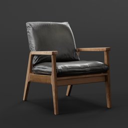 High-quality 3D rendered modern armchair with sleek wood frame and black cushion, compatible with Blender.