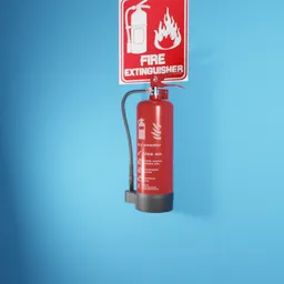 Highly detailed red 3D model of a fire extinguisher with bracket for Blender rendering.