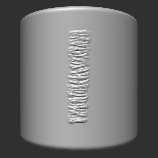 ER Welding Brush 14 imprint for 3D sculpting on cylindrical metal model surface in Blender 3D.