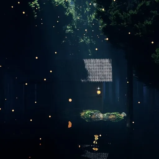 3D-rendered misty moonlit forest scene with an efficient image-plan tree surrounding an eerie abandoned house.
