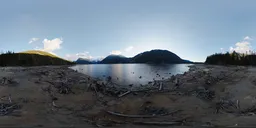 Aerial HDR panorama featuring serene lake with surrounding mountains and clear skies, perfect for realistic lighting in 3D scenes.