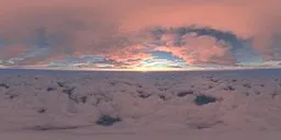 Pink-tinged sky and warm sunlight streaming above soft clouds for realistic scene lighting.