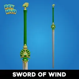 Anime-style 3D modeled sword with intricate green and gold hilt design, optimized for Blender rendering.