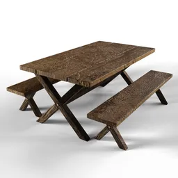 "Rustic outdoor dining set with wooden table and benches, highly detailed in Blender 3D. Weathered design with rubbles and hemp accents, perfect for outdoor furniture. 3D model by Muirhead Bone, suitable for realistic 3D rendering using Octane Render."