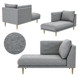 Detailed 3D render of a modern grey chaise lounge, suitable for Blender 3D projects and bed furniture visualization.