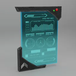 "Low Poly Scifi Display Tablet in black and cyan PBR textures for Blender 3D. Features include a futuristic green display, mobile game icon, clipboard, and 3D printing design. Perfect for creating in-game 3D models with a sleek, unused design."