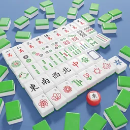 3D-rendered Mahjong tiles scattered on surface, Blender model with detailed textures and symbols.
