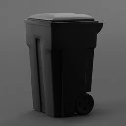 Detailed 3D render of a sleek, black waste container with lid, optimized for use in Blender cityscape modeling.