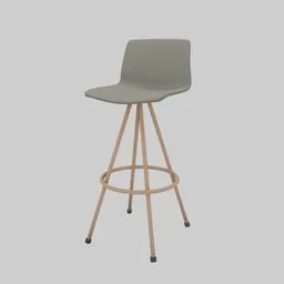 "Wooden bar stool with grey fabric seat, perfect for classroom settings. 3D model created using Blender 3D in 2019. Features tall thin frame with green legs and blockout design."