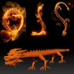 "Blender 3D model of a monstrous creature, Hong Kong Golden Dragon, with intricate b-bone armature. Inspired by path of exile's hydra, Luo Ping's creations and firebending, this dragon shows off fire in the shape of 2012 and a smoking soldering iron. Perfect for 3D modeling concept sheets and checkmate rendering."