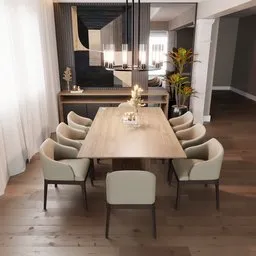 3D-rendered modern dining room with elegant furniture and decor, perfect for Blender visualization.