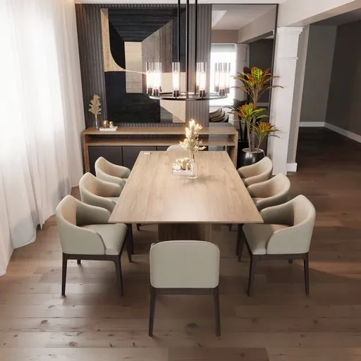 3D-rendered modern dining room with elegant furniture and decor, perfect for Blender visualization.