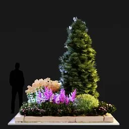 "City flowerbed 3D model for Blender 3D - nature-outdoor category with high level of detail, featuring a garden with flowers, Christmas tree, and photoscan base for extra realism. Created by Bouchta El Hayani, with 16m vertices and directional lighting."