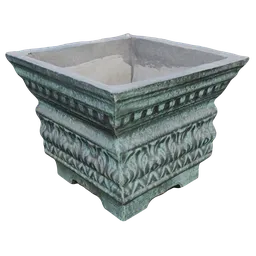 Detailed square garden pot 3D model with ornate pattern for Blender and cityscape design.