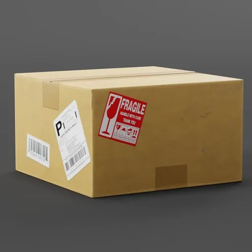 Detailed 3D model of a closed cardboard box with labels, perfect for Blender rendering and packaging design.