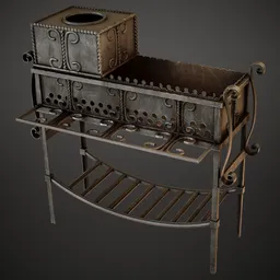 "Metal grill 3D model for Blender 3D: ideal for outdoor furniture in a country house courtyard. High detail metal shelf with a box, inspired by wrought iron architecture and featuring metal kitchen utensils. Also includes a 3D sculpt of a circus wagon and an irori fireplace."