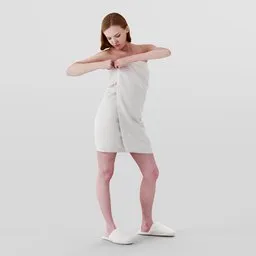 Realistic 3D model of a petite blonde woman adjusting a white towel, rendered in Blender, suitable for bathroom scenes.