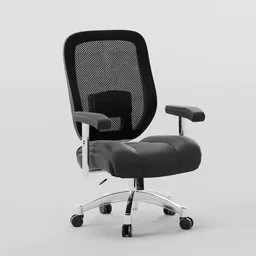 "Black executive office chair with chrome base, perfect for Blender 3D scenes. Designed for comfort and support with a focus on lower back health. 3D model by Nōami available in the office-chair category on BlenderKit."
