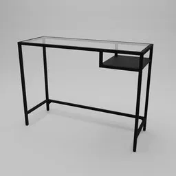 "Black VITTSJO working table for laptop by IKEA with glass top and built-in shelf. Perfect for constructivist, retail or storefront designs. 3D model rendered in Blender 3D."