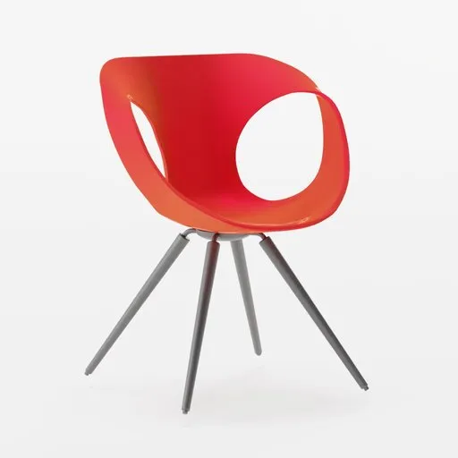 Red contemporary-style 3D chair model with a unique hole design, showcasing wooden legs on a plain backdrop.