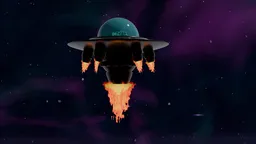 Detailed Blender 3D model of a stylized spacecraft with glowing engines in action.