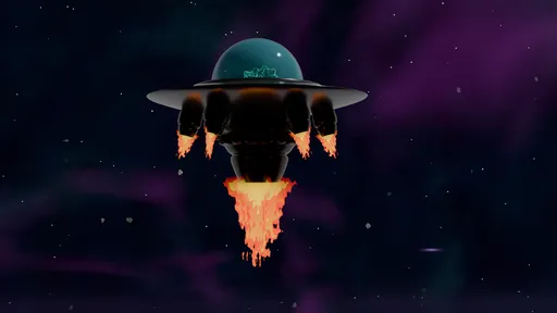 Detailed Blender 3D model of a stylized spacecraft with glowing engines in action.