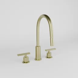 Gold-colored 3D model of a modern kitchen faucet with dual handles, designed for rendering in Blender.