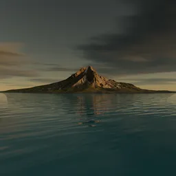 Detailed 3D island model with realistic mountain and ocean textures for Blender rendering.