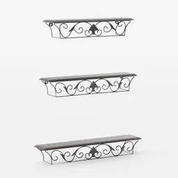 Elegant 3D-rendered floating shelves with ornate patterns, suitable for interior design in Blender.