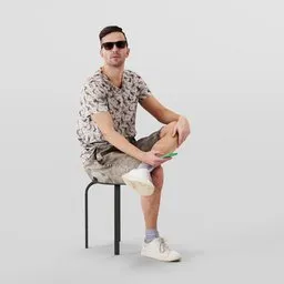 3D Blender model of a casually dressed young man sitting with leg crossed, smartphone in hand, and wearing glasses.