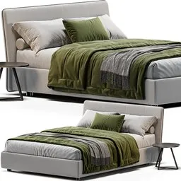 "Explore the sleek and dynamic design of the Bonaldo tonight bed, a beautifully-crafted 3D model suitable for Blender 3D. This full-body render features a green blanket on a white bed, with a grey color scheme and unbiased render. With over 300,000 polys, this masterpiece is well-designed and studio quality, perfect for any 3D project."