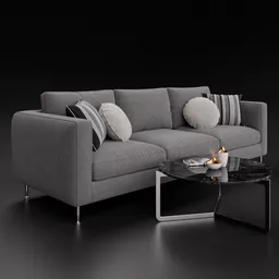 Detailed 3D model of a contemporary fabric three-seater sofa with cushions and a modern coffee table.