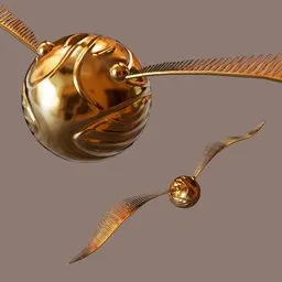 Detailed 3D render of a golden, animated, winged sphere, reminiscent of a magical artifact, designed in Blender for fantasy robotics.