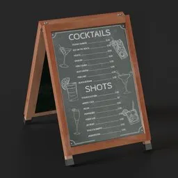 "Low-poly city space chalkboard 3D model for Blender 3D, featuring a menu board with drinks and a cart. Rendered with Vray renderer and created with Blender 3D software."