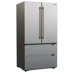Detailed Blender 3D model of a modern stainless steel French door refrigerator with two freezer drawers.